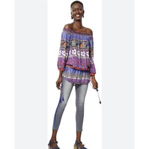 Desigual Off-the-shoulder Blouson Loose Fit Blouse, Elastic Waist, size M